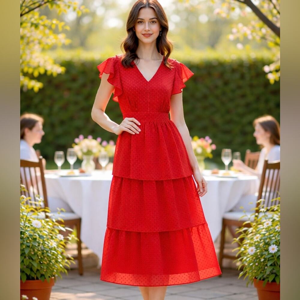 JULIA JORDAN Red Clip Dot Chiffon Tiered Midi Dress Flutter Sleeve Romantic Chic